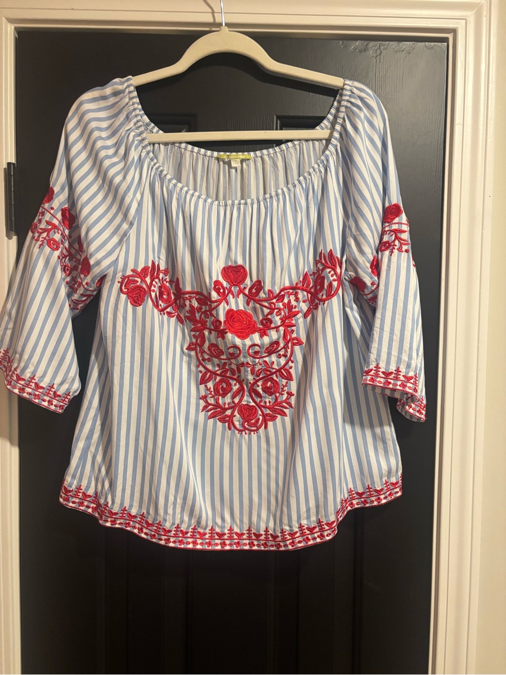 Gianni Bini Blue and White Striped Peasant Top with Red Embroidery
